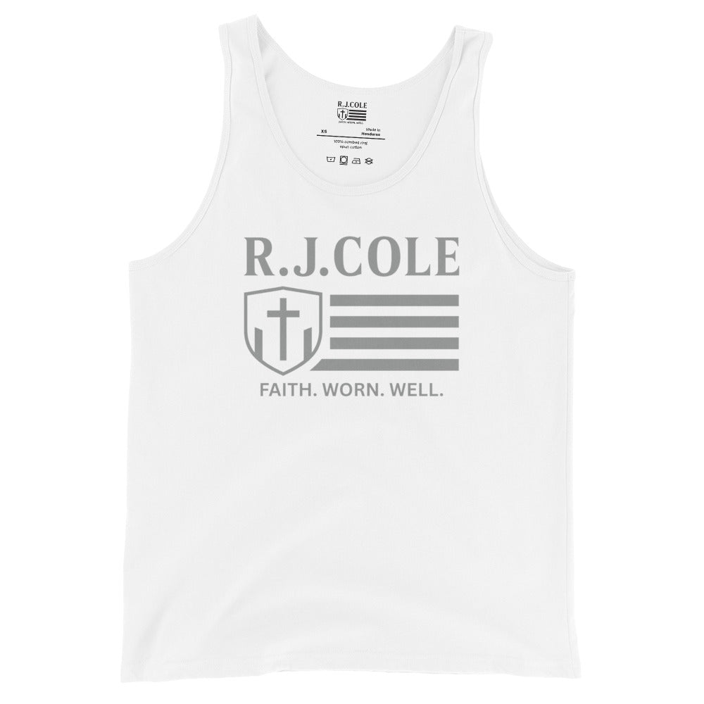RJ Cole White Tank Top – Grey Logo Faithwear - R. J. Cole