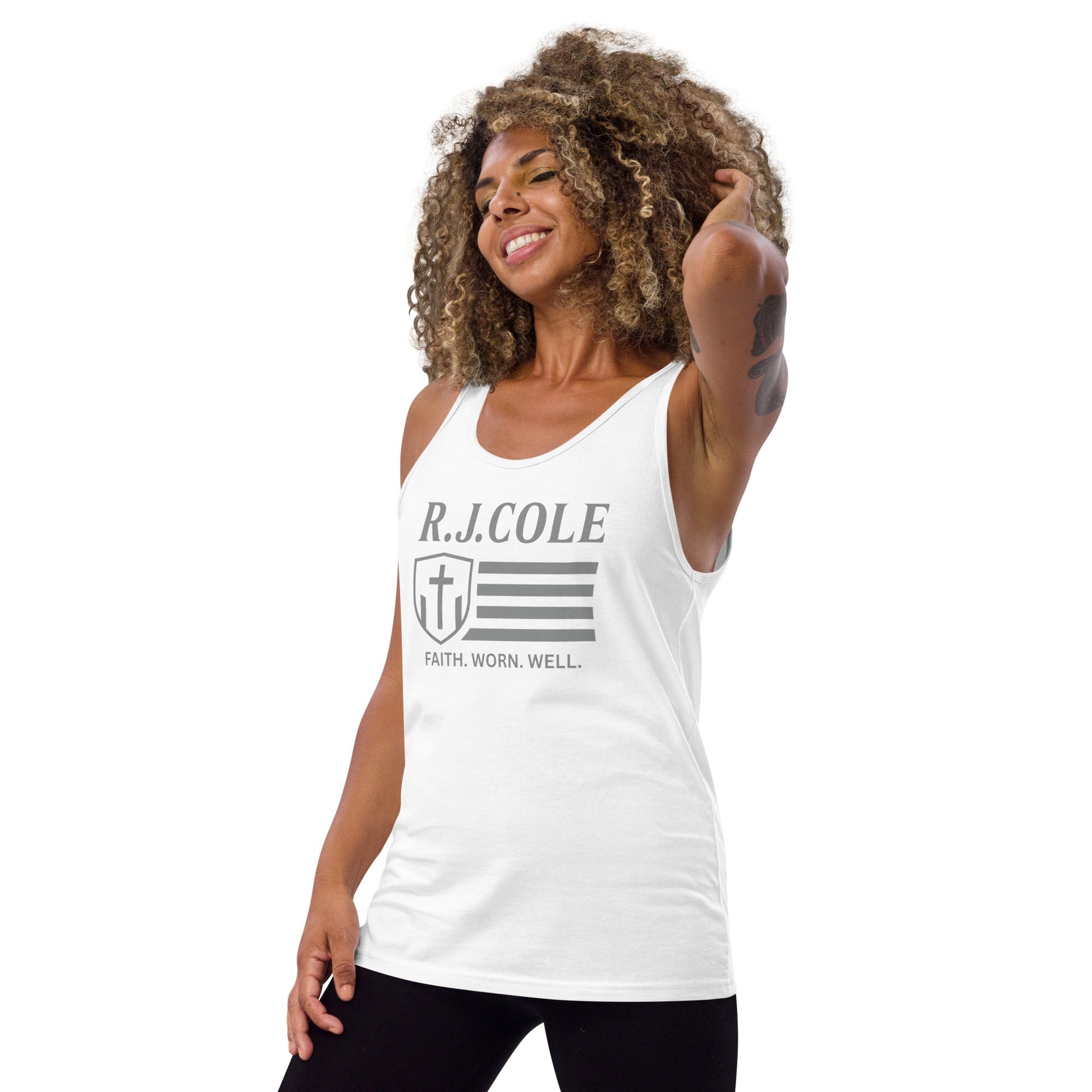 RJ Cole White Tank Top – Grey Logo Faithwear - R. J. Cole