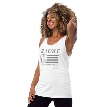 RJ Cole White Tank Top – Grey Logo Faithwear - R. J. Cole