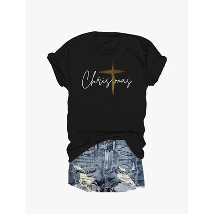 Women Cross Christmas Graphic Short Sleeve Tee Tops Christian Faith T-Shirt - R. J. Cole Apparel