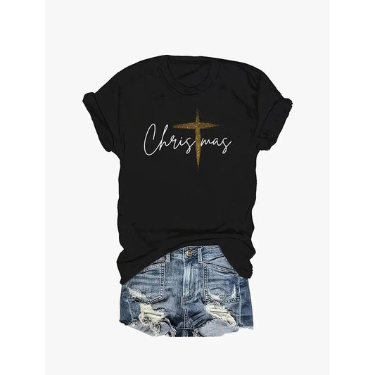 Women Cross Christmas Graphic Short Sleeve Tee Tops Christian Faith T-Shirt - R. J. Cole Apparel